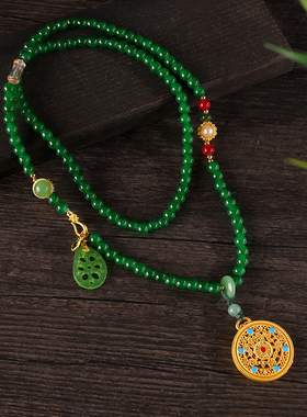 新中式复古串珠罗盘项链女马面裙旗袍毛衣链吊坠民族风短款配饰品