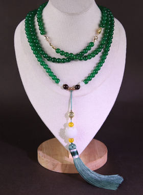 新中式马面裙配饰莲花璎珞背云超长流苏绿色项链复古古风汉服配饰