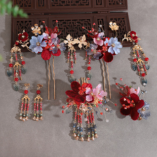 新中式新娘发饰套装红色秀禾结婚发簪发夹国风晨袍敬酒服头饰配饰