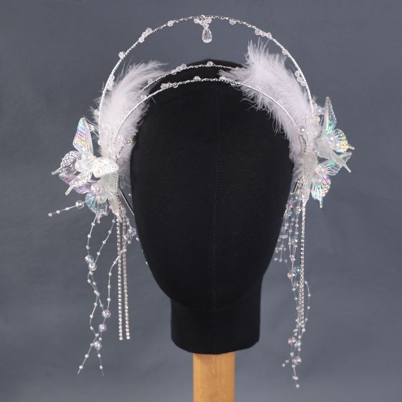 汉服发箍头饰手工原创发冠流苏少女古风仙气白色羽毛发饰蝴蝶头箍