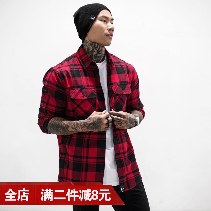 肌肉秋季港风ins格子衬衫男士兄弟长袖韩版潮流帅气外套休闲衬衣在类目 男装, 衬衫中 - 来自Buy2taobao.com提供专业的淘宝代购服务