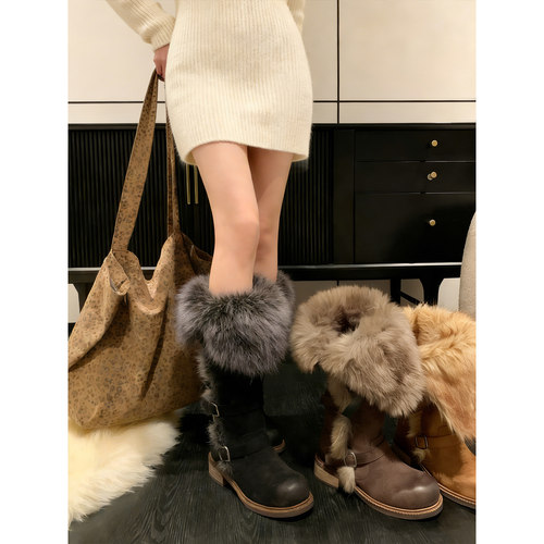 新款冬季加绒骑士马丁靴毛毛棉鞋