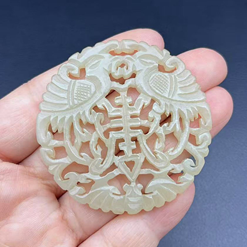 和田玉双凤祝寿吊坠挂件复古明清辽金工艺福寿如意玉佩玉坠项链坠