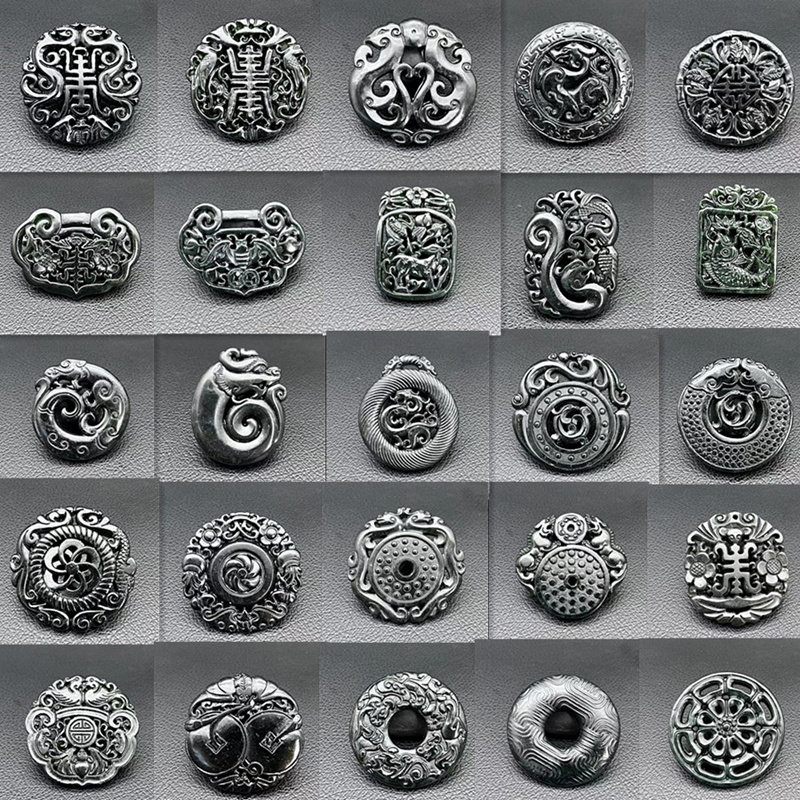 黑绿玉仿古龙双龙祝寿吊坠挂件仿古双面镂空雕刻五福祝寿玉佩玉坠