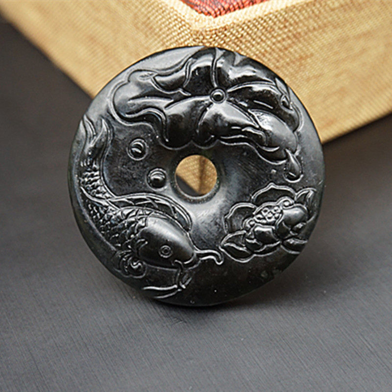 黑绿玉连年有余吊坠挂件黑绿玉圆型玉佩玉坠莲花鱼颈饰项坠毛衣坠