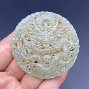 和田玉仿古龙吊坠挂件项链坠颈饰玉佩青白玉镂空浮雕五爪青龙玉牌