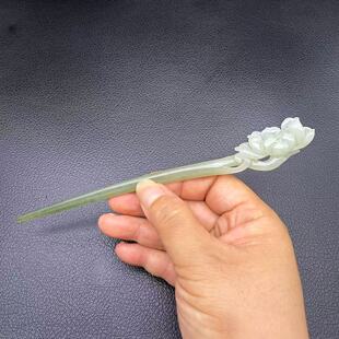 真和田玉两色荷花发簪玉簪莲花玉簪国风旗袍发钗汉服发饰收藏礼品