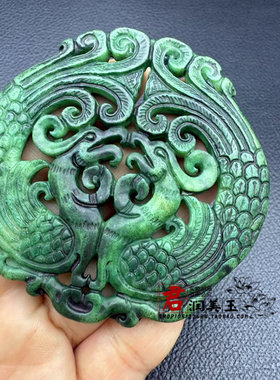 雪花玉凤凰吊坠挂件仿古绿色双凤