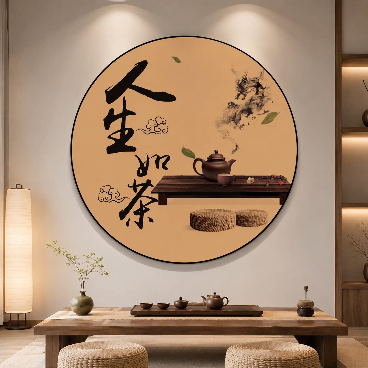 茶室氛围布置新中式玄关书房圆形装饰挂画古风茶馆背景墙书法字画