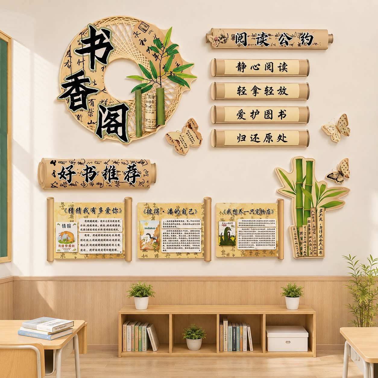 古风教室布置装饰班级文化墙贴图书角馆阅读区日月节绘本场景环境