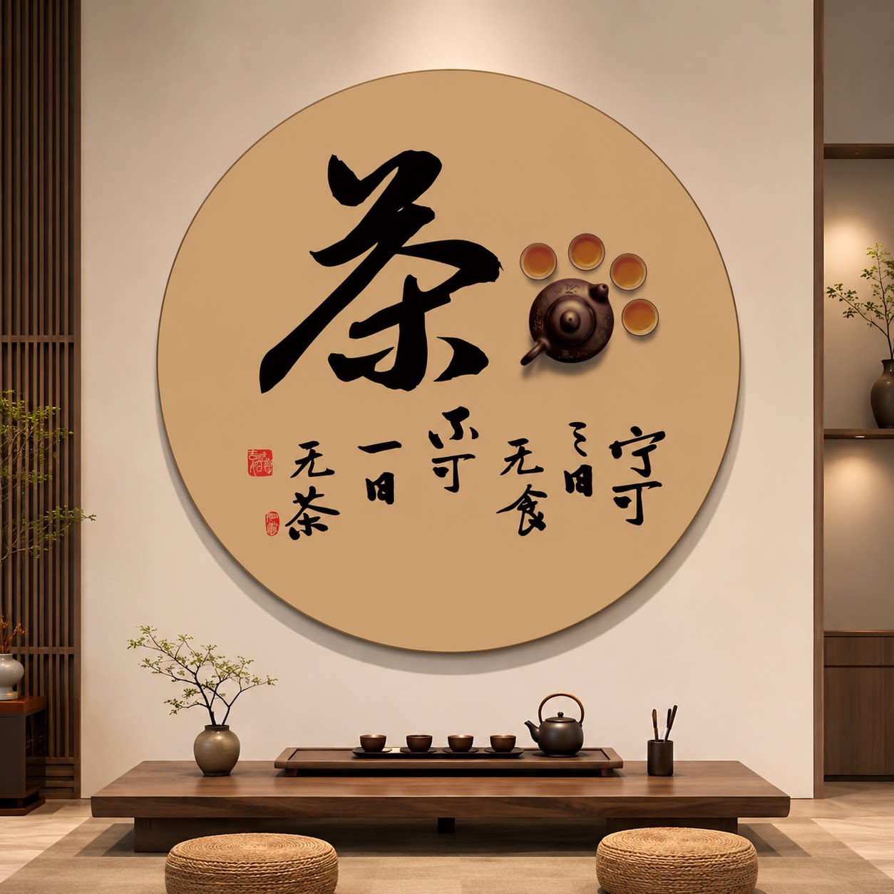 茶室氛围布置新中式玄关书房圆形装饰挂画古风茶馆背景墙书法字画