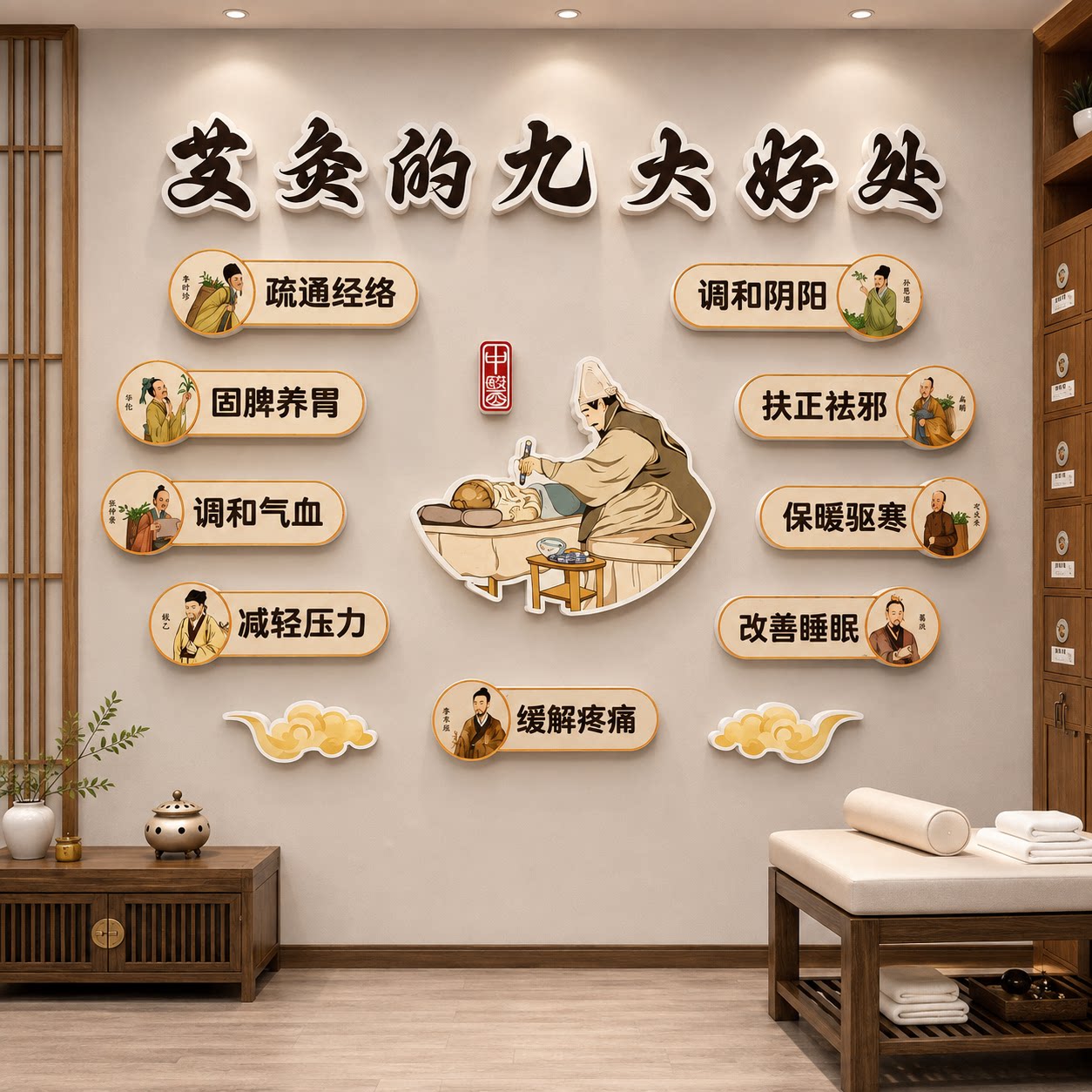 三伏艾灸馆墙面装饰中医养生文化氛围布置广告美容院挂画疗愈空间