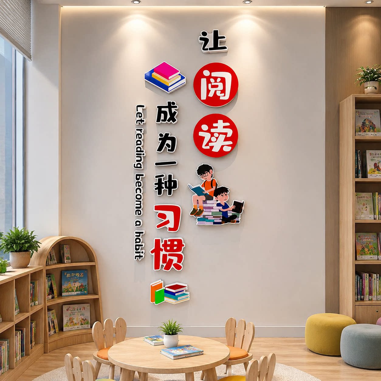 图书馆读书阅览室让阅读成为一种习惯学校教室图书角文化墙面贴画
