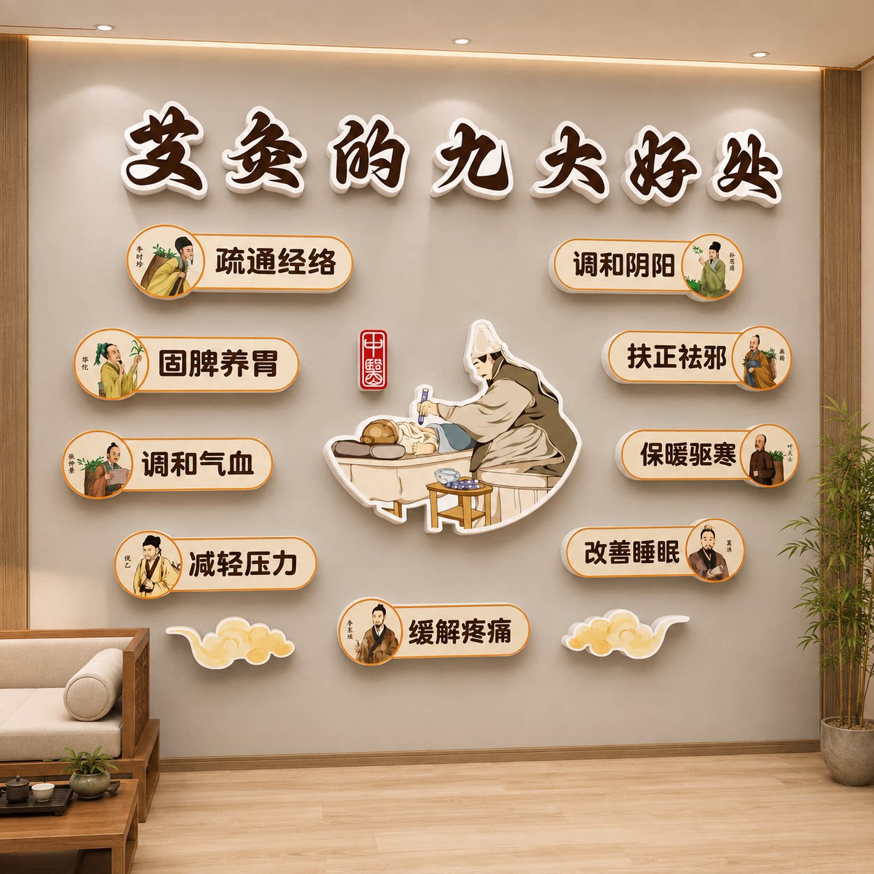 三伏艾灸馆墙面装饰中医养生文化氛围布置广告美容院挂画疗愈空间