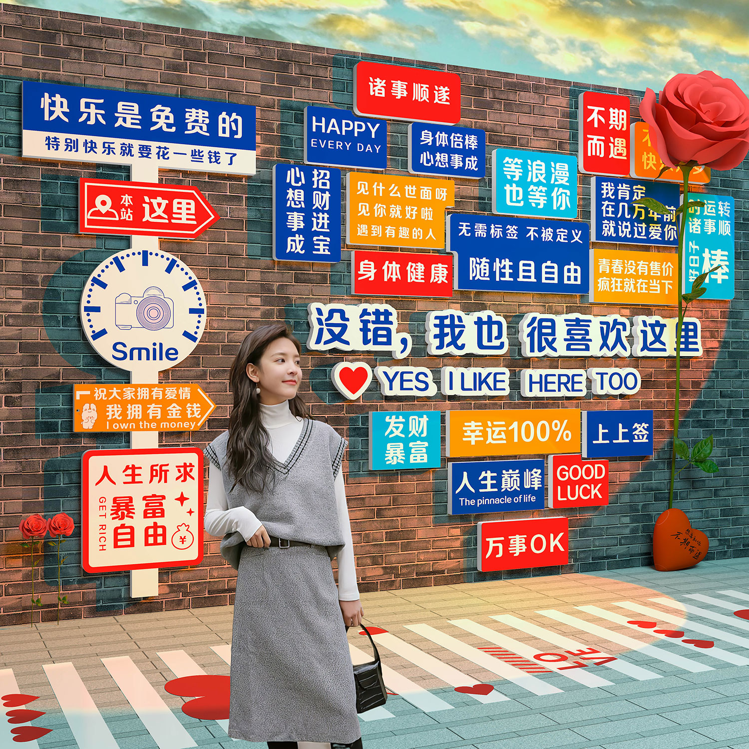 网红打卡墙贴拍照区布置许愿墙面火锅餐饮店形象背景装饰壁画墙贴