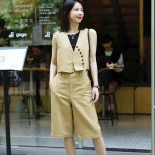 五分直筒裤 百搭弧线门襟马甲 鹅黄色 修身 小晖诱货·高级感