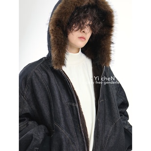 一衬YICHEN 冬季座山雕兔毛牛仔棉衣加绒毛领撞色短款夹克外套男