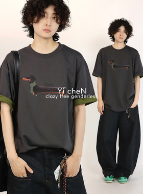 一衬YICHEN 夏季腊肠小狗撞色短袖趣味印花T恤情侣美式男女同款