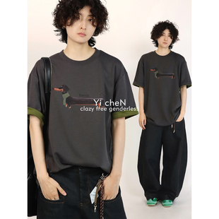 男女同款 一衬YICHEN 趣味印花T恤情侣美式 腊肠小狗撞色短袖 夏季