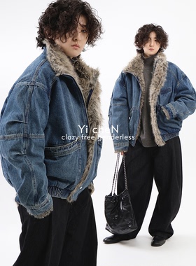 一衬YICHEN  冬季座山雕毛领牛仔棉服外套男加厚加绒工装休闲上衣