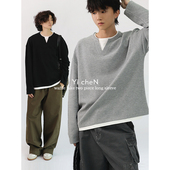 假两件 春秋季 华夫格短宽长袖 一衬YICHEN 小领口圆领卫衣情侣款