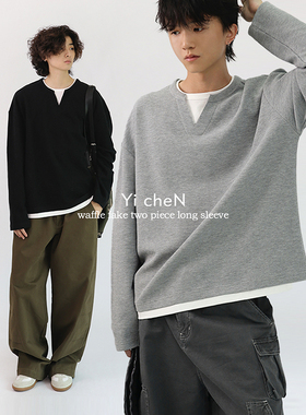 一衬YICHEN【假两件】春秋季华夫格短宽长袖小领口圆领卫衣情侣款