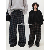 一衬YICHEN 松紧腰 复古格子直筒阔腿长裤 秋冬季 毛呢加厚休闲裤