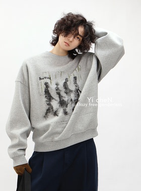 一衬YICHEN  秋冬重磅模糊人物印花卫衣男女宽松休闲复古百搭上衣