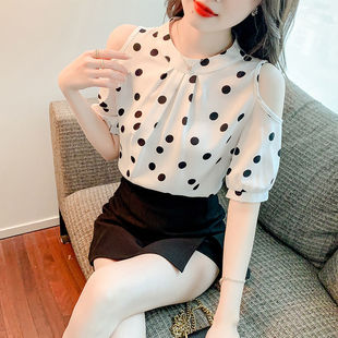 波点雪纺衬衫 洋气露肩短袖 女装 2024新款 宽松百搭显瘦上衣 夏季 时尚