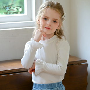 船鼠儿童打底衫春秋纯棉女童长袖T恤 白色半高领小女孩女宝宝上衣