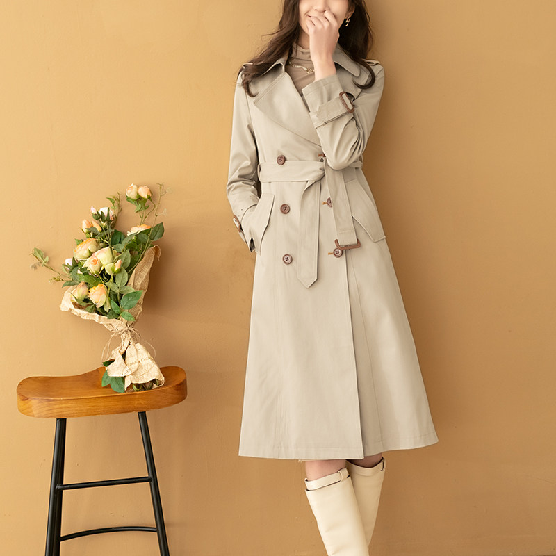 风衣女中长款2025春秋新款英伦风大衣修身显瘦双排扣束腰大摆经典