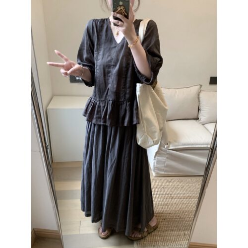 FENG甜甜_松紧腰棉麻半身长裙女百搭宽松日系休闲中长款显瘦伞裙