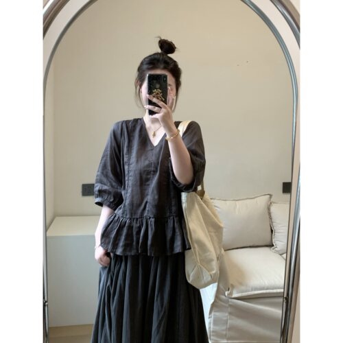 FENG甜甜_小v领苎麻娃娃衫女夏季新款宽松日系镂空衬衫七分袖上衣