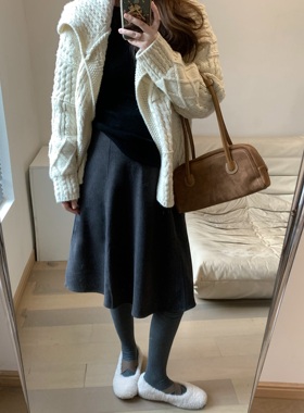 FENG甜甜_高腰毛呢半身裙女秋冬新款通勤日常显瘦百搭a字灰色中裙