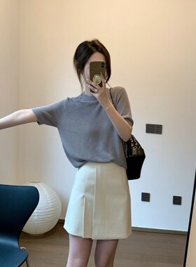 FENG甜甜_23SS 高品质简约通勤圆领针织短袖纯色T恤女夏新款上衣