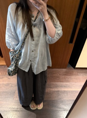 FENG甜甜_松弛慵懒七分袖苎麻上衣衬衫女春夏新款宽松甜美娃娃衫