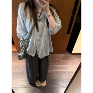 FENG甜甜_松弛慵懒七分袖苎麻上衣衬衫女春夏新款宽松甜美娃娃衫