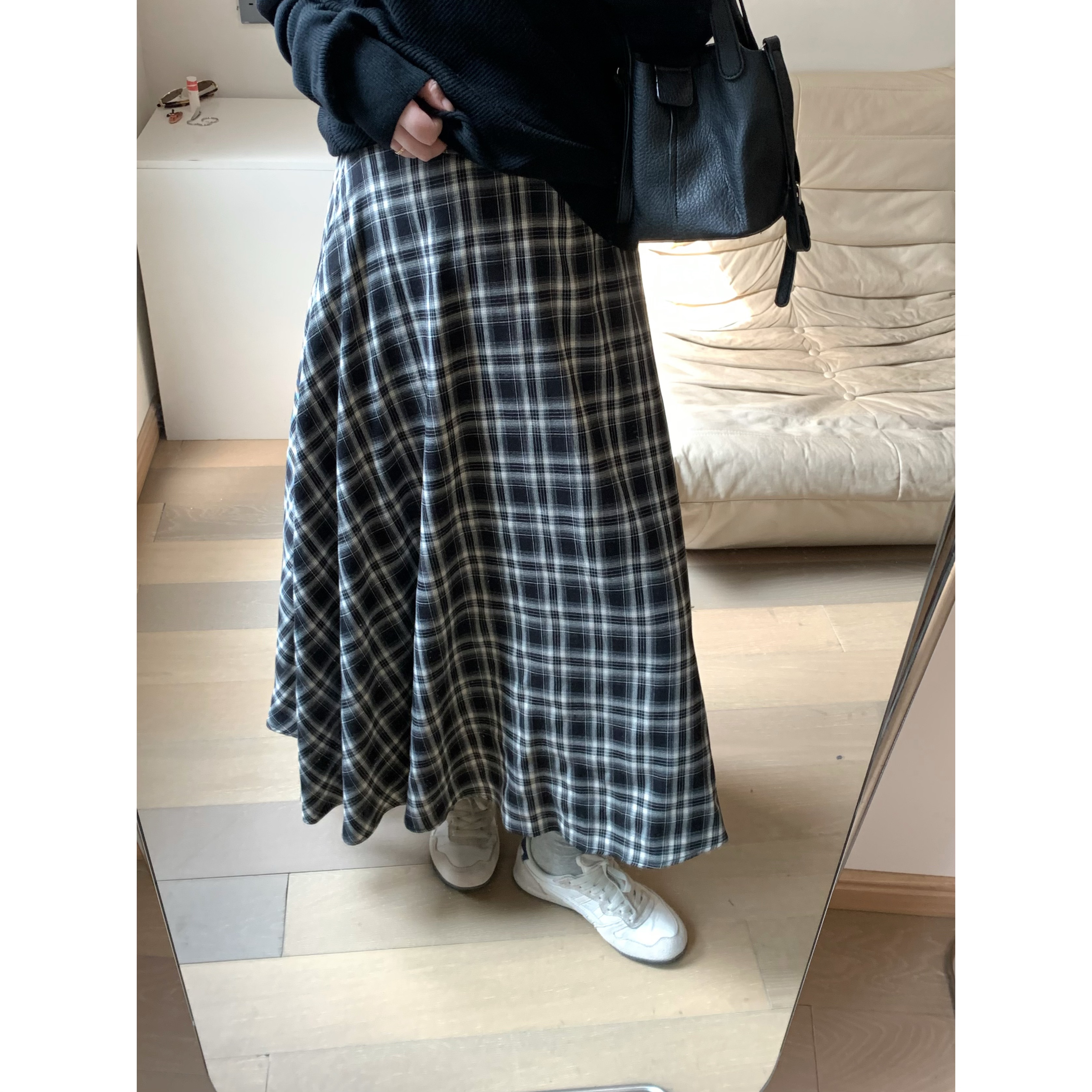 FENG甜甜_高腰格子半身裙a字女秋冬新款显瘦百搭设计感中长款伞裙