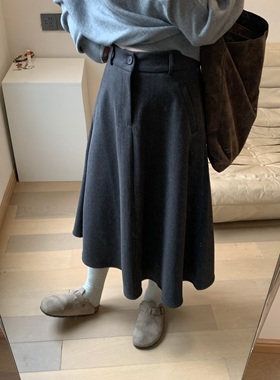 FENG甜甜_毛呢高腰百搭半身裙女秋冬新款宽松显瘦灰色遮跨a字裙子