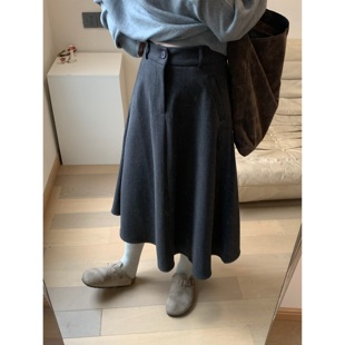 FENG甜甜_毛呢高腰百搭半身裙女秋冬新款 宽松显瘦灰色遮跨a字裙子