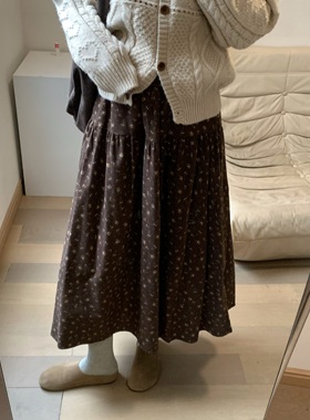 FENG甜甜_复古松紧腰碎花半身裙女宽松和秋冬新款文艺少女a字伞裙