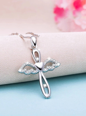 925纯银日韩版简约闺蜜爱心天使爱心吊坠女十字架项链送女生礼物