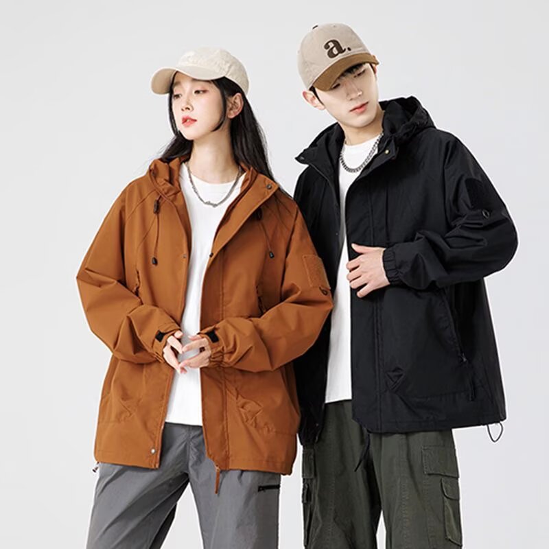 外套男春秋新款美式连帽宽松机能工装冲锋衣户外情侣潮牌夹克棉服