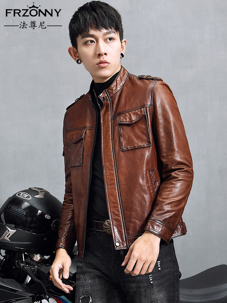 Haining leather autumn new men's leather jacket sheepskin short collar youth locomotive bodysuit tide