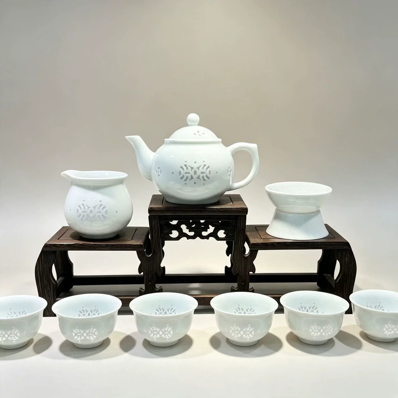 景德镇高纯白玲珑瓷功夫茶具套装镂空茶壶茶杯整套家用泡茶礼盒装