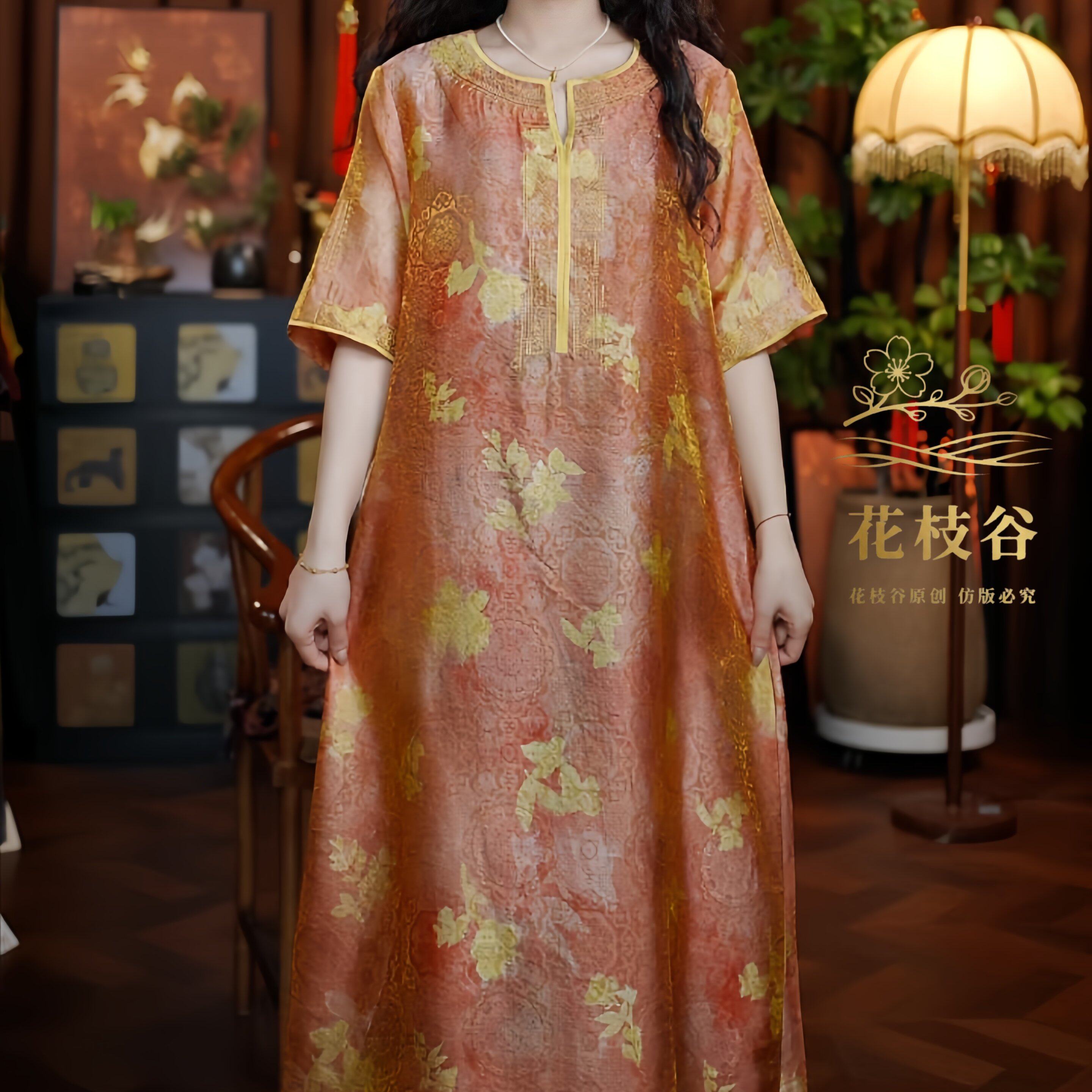 月过清秋（桔红色）2026提花老料圆V领刺绣五分袖女装连衣裙