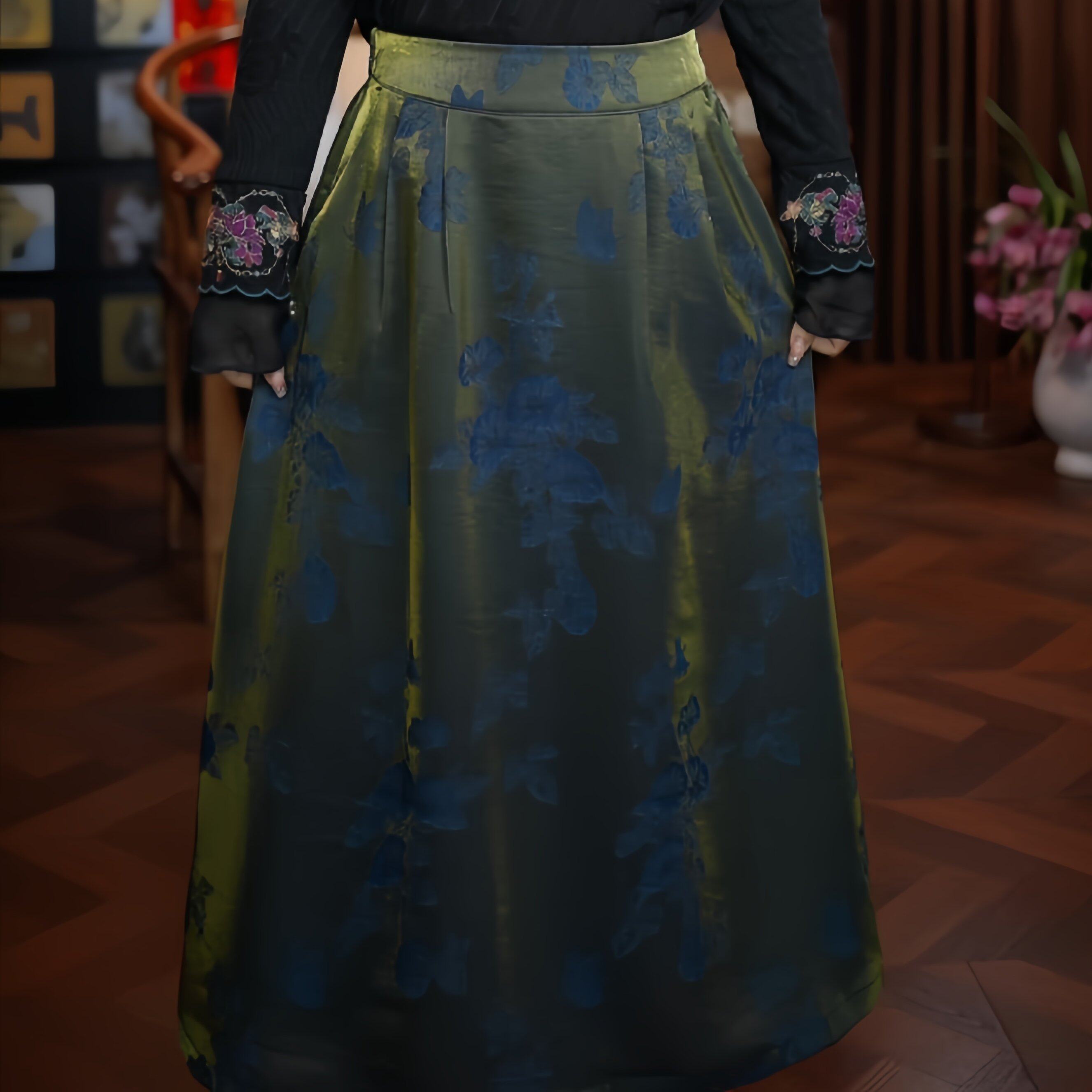 古筝清弦（蓝绿色）国风半裙休闲透气老料宽松刻花女装半身裙