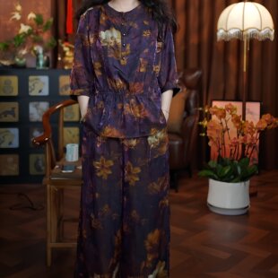 自然流露(紫色)2026新中式宽松上衣裤子提花国风女装两件套