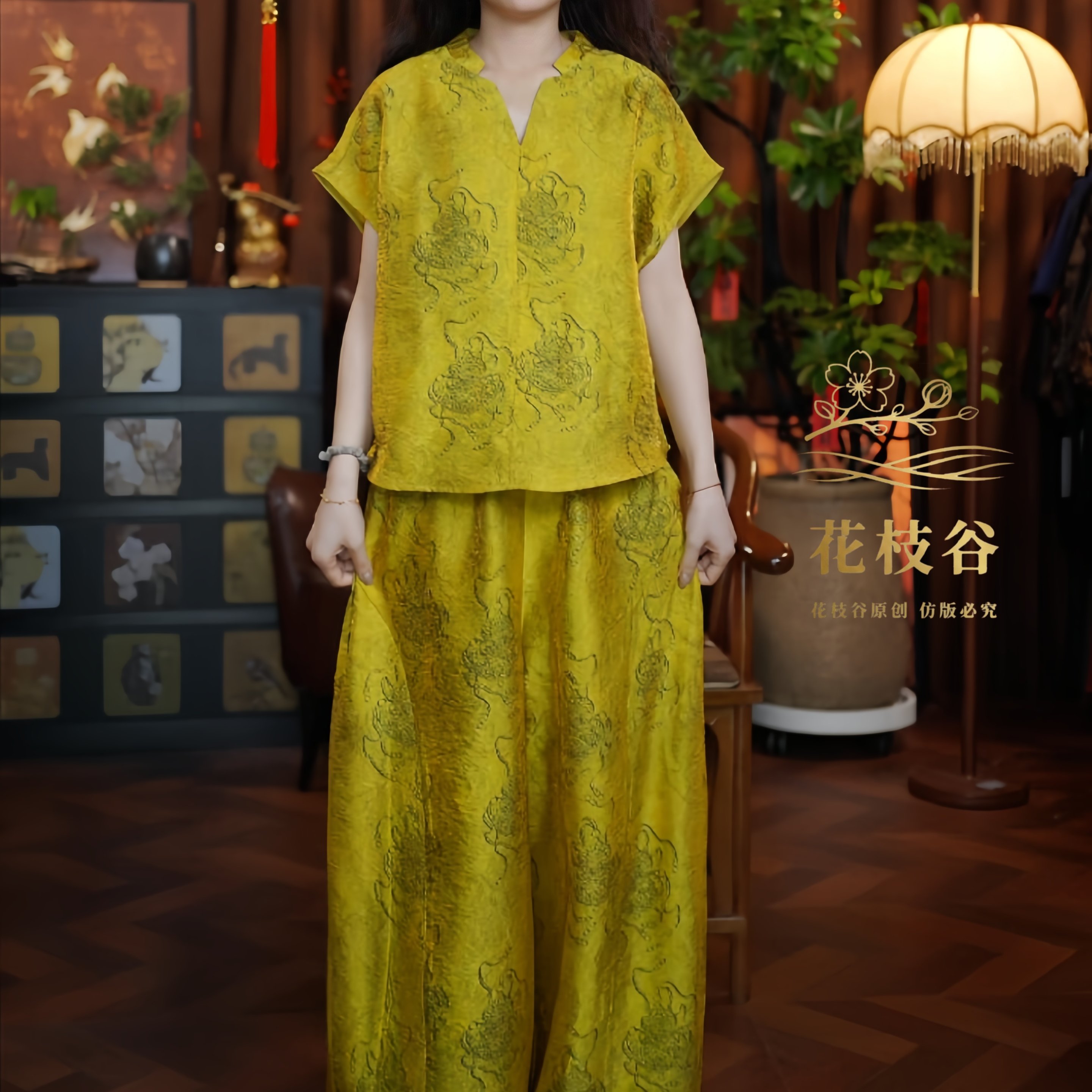 夏染洁彩（果黄色）2026新中式宽松上衣裤子国风女装两件套