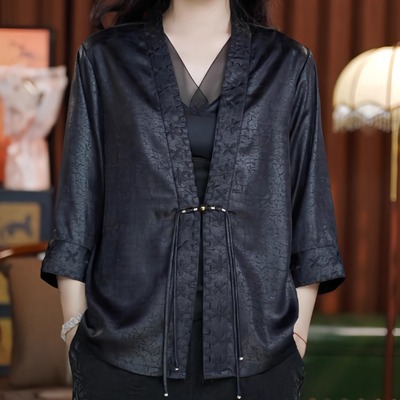 丹青墨染（黑色）V领短款老料女装提花新款宽松开衫上衣外披